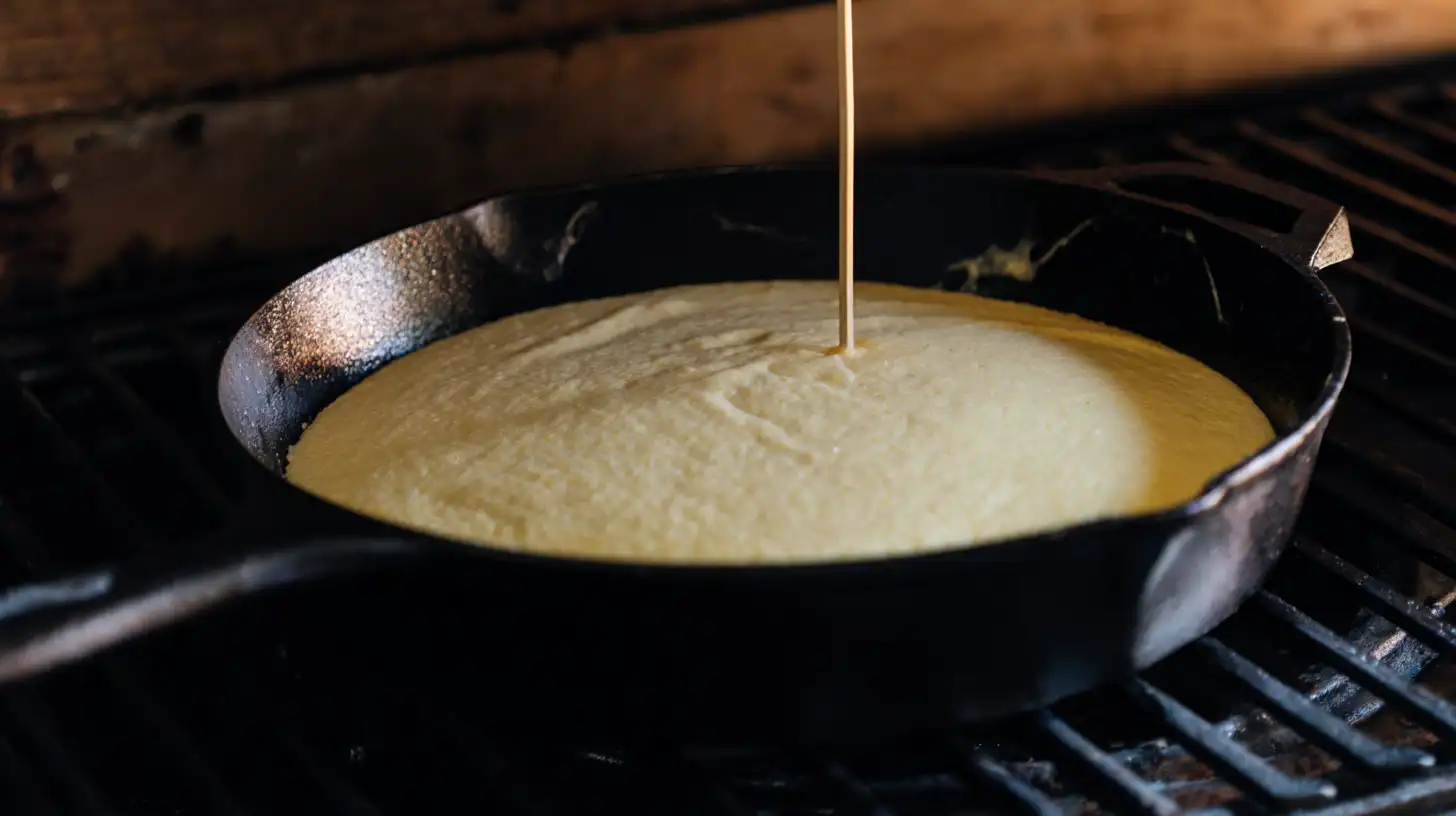 step5-bake-jalapeno-cornbread-skillet Baking Spicy-Sweet Jalapeño Cornbread in cast iron skillet until golden, easy savory baking recipes and healthy cornbread recipe with buttermilk