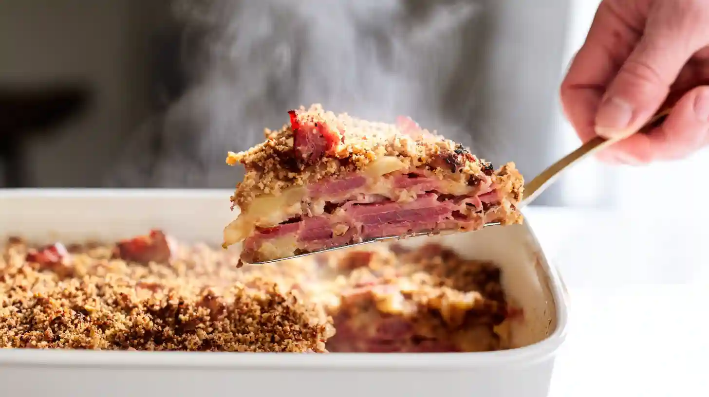 step5-bake-rest-savory-reuben-bake Golden baked Savory Reuben Bake topped with rye breadcrumbs, hearty comfort food casserole and simple oven-baked dinner recipes