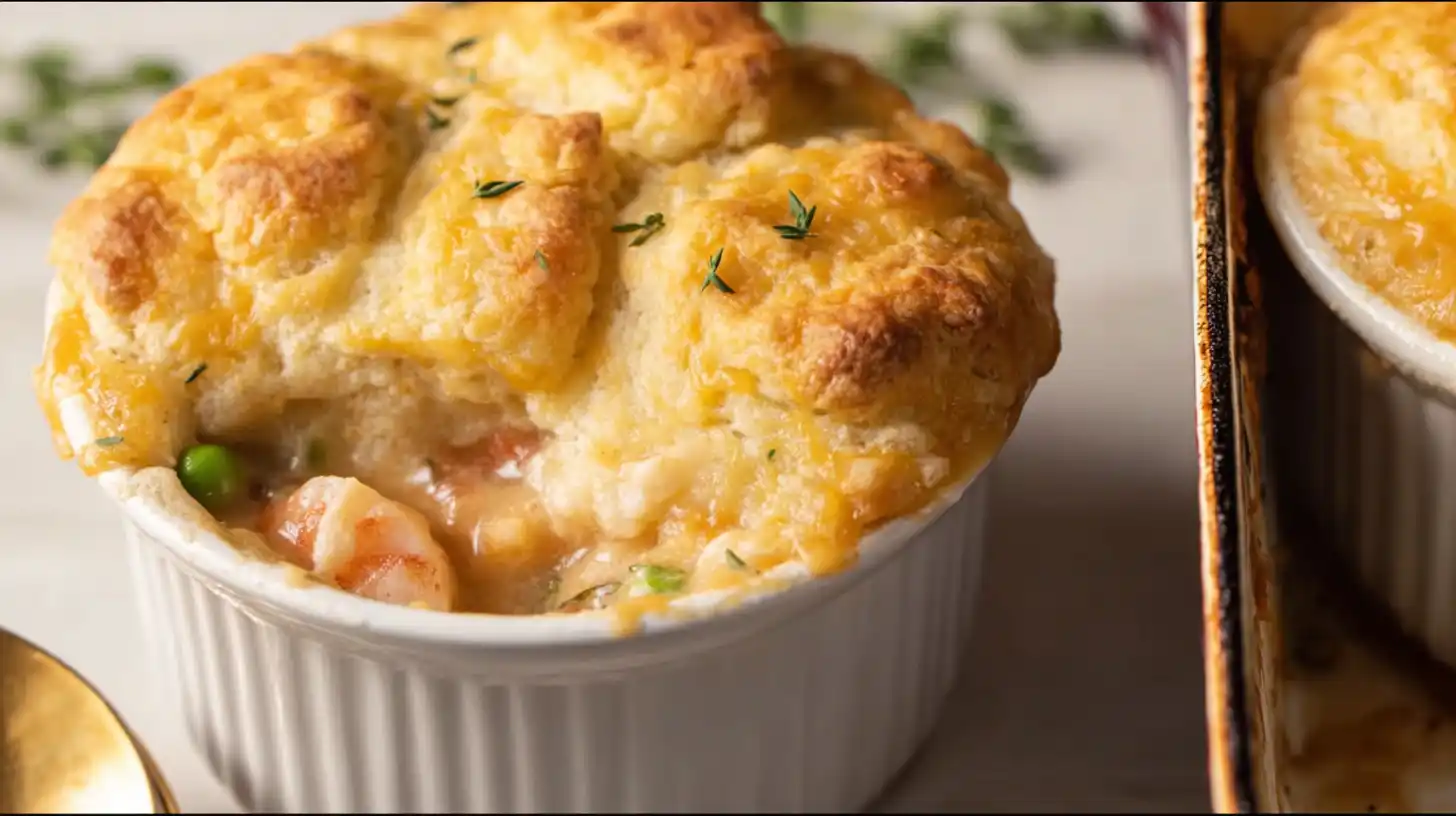 step5-bake-until-golden-cheddar-bay-biscuit-seafood-pot-pie Golden baked Cheddar Bay Biscuit Seafood Pot Pie with puffed cheddar biscuits and bubbling creamy seafood filling, easy dinner recipes for families and quick family dinner ideas