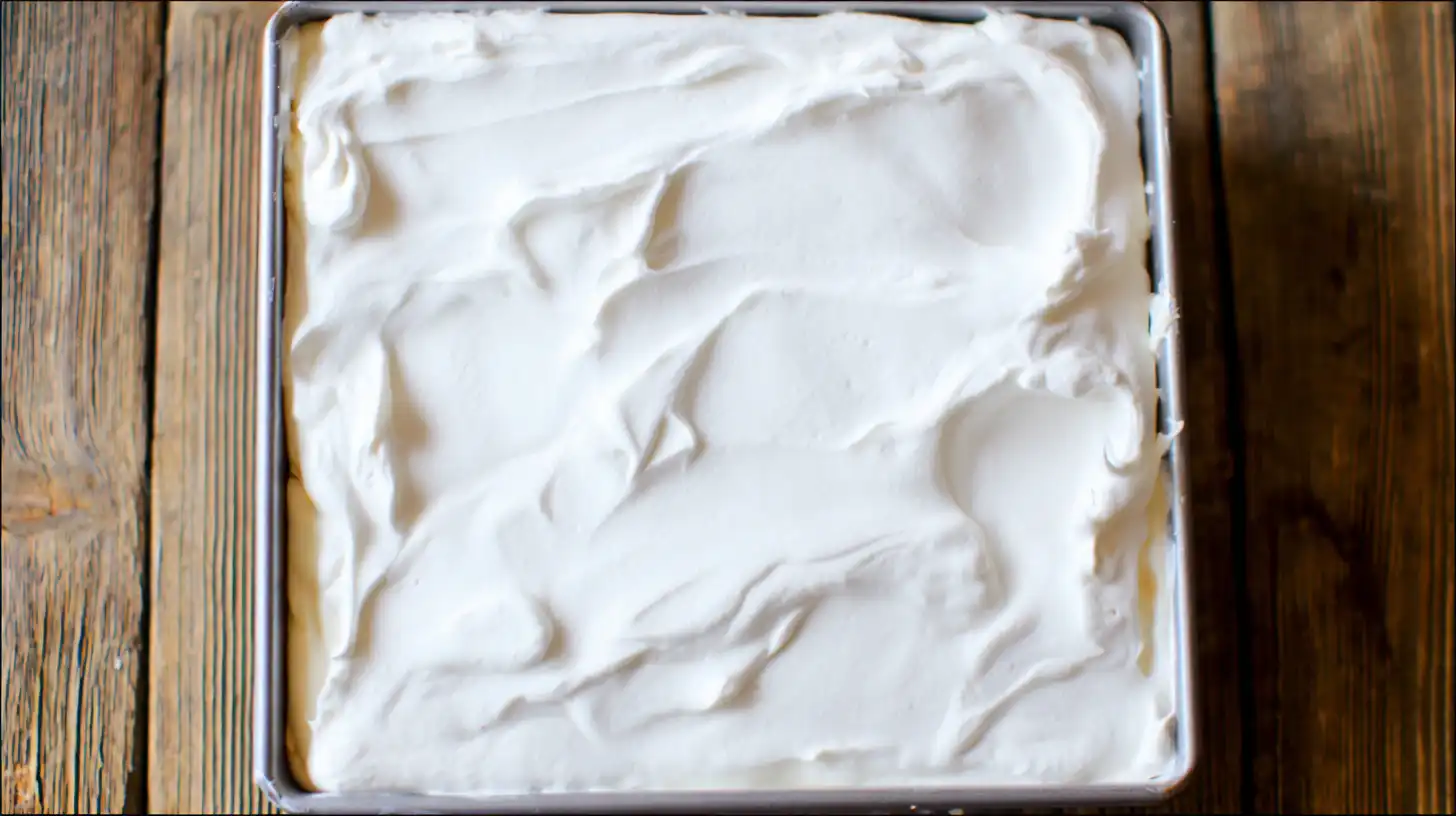 step5-biscoff-nutella-dream-bars-cream-topping Step 5 No-Bake Biscoff and Nutella Dream Bars whipped cream topping over Biscoff layer – best no-bake dessert recipes