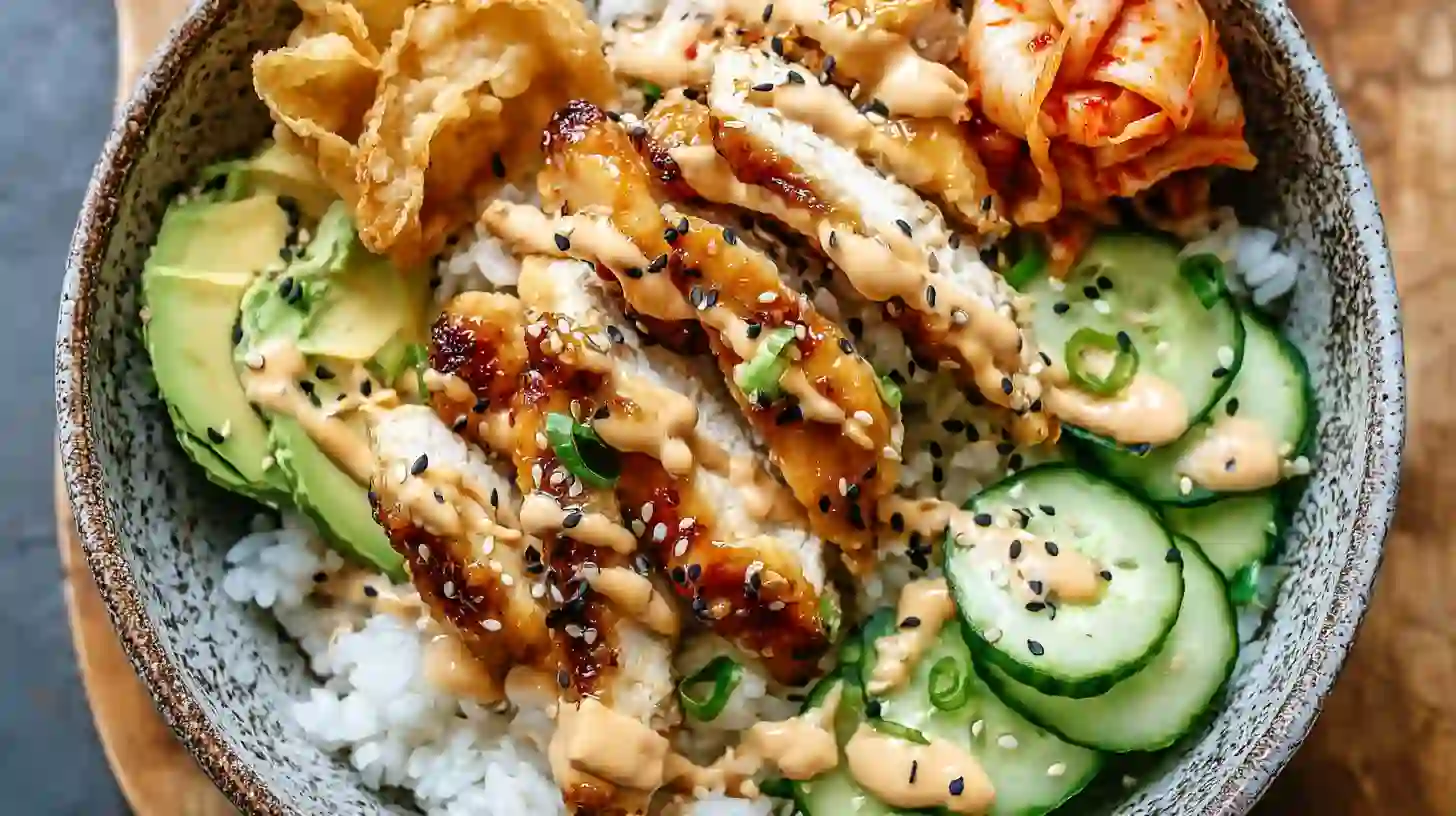 step5-build-bowls-spicy-honey-ginger-yum-yum-sauce Step 5 Spicy Honey-Ginger Chicken Bowls – rice topped with chicken, avocado, cucumber, kimchi, wontons, and homemade Japanese yum yum sauce for high protein chicken meals.