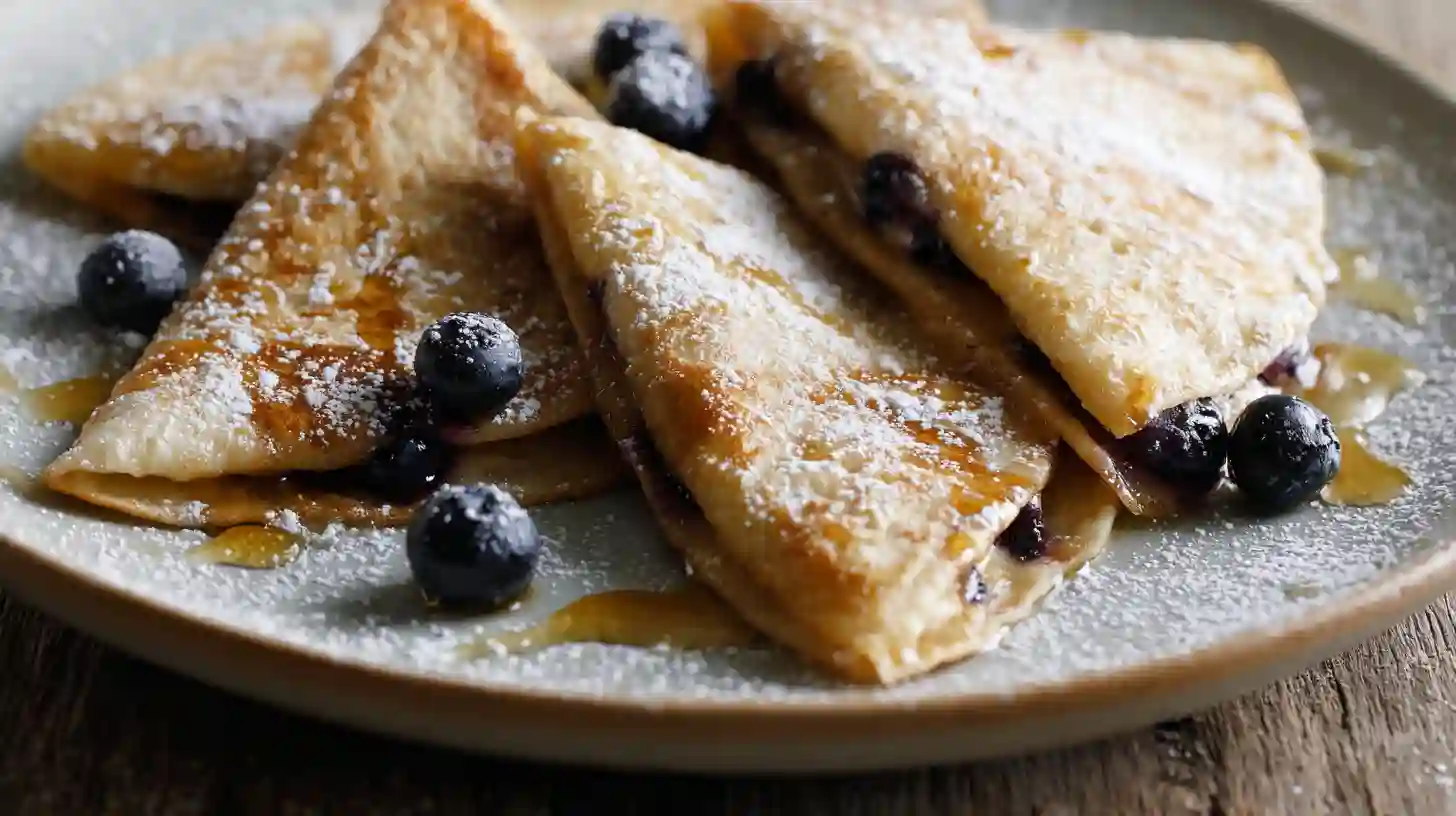 step5-cool-serve-blueberry-quesadilla Sliced blueberry breakfast quesadilla dusted with sugar and drizzled with honey, quick family dessert ideas and healthy breakfast recipes for families