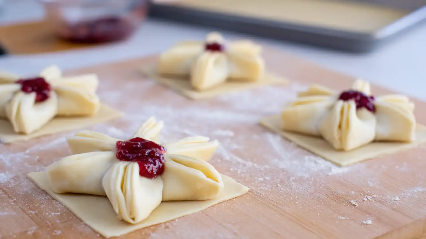 Step 5 fold puff pastry corners to create blossom shape with cream cheese and cranberry filling – Christmas puff pastry desserts and simple cream cheese puff pastry recipe