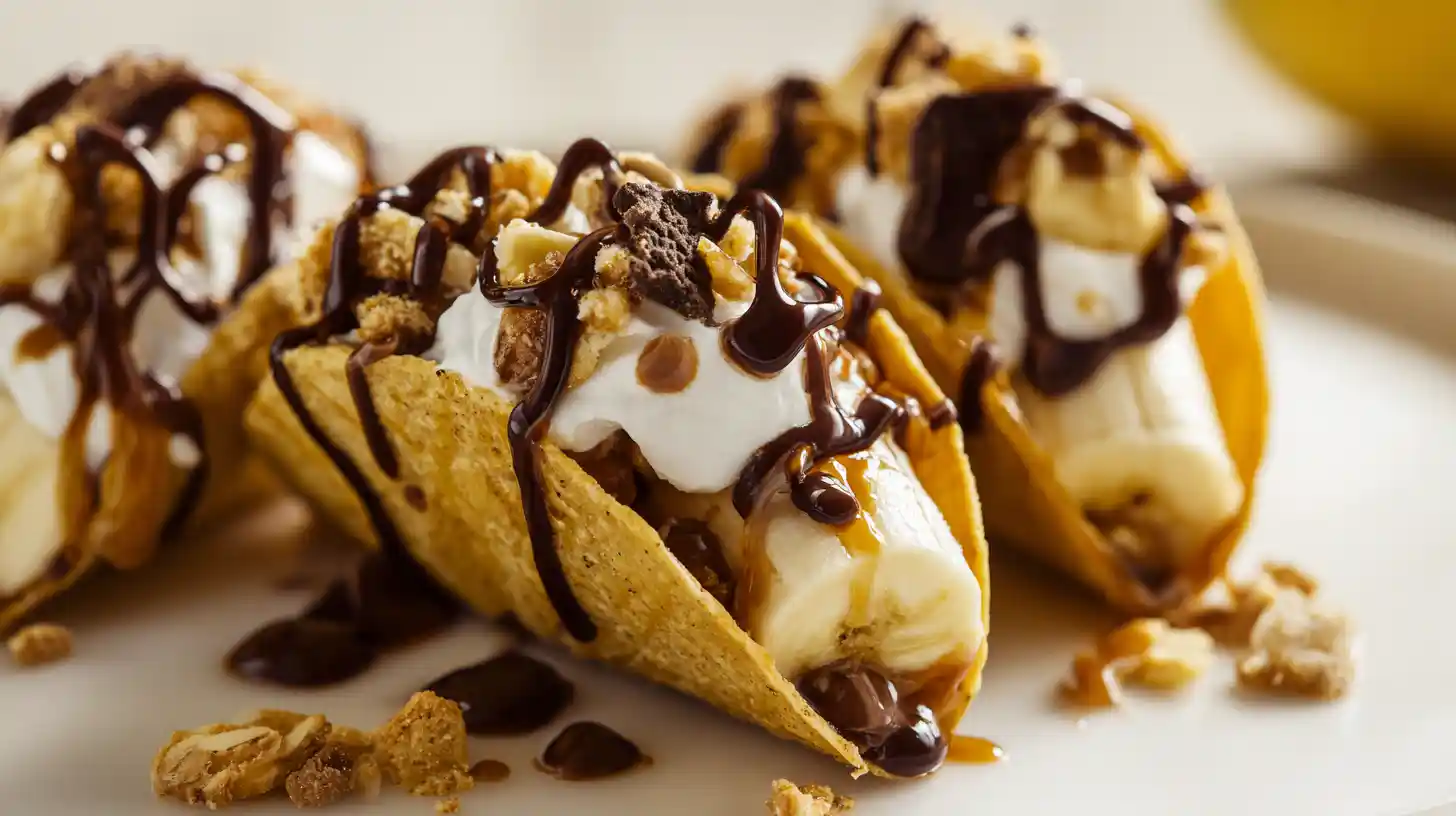 step5-drizzle-caramel-banana-nuts-tacos Drizzling caramel sauce over Caramel Banana Nuts Tacos with bananas, nuts, and cream – banana caramel dessert tacos, sweet taco shell desserts, quick and easy dessert recipes with bananas