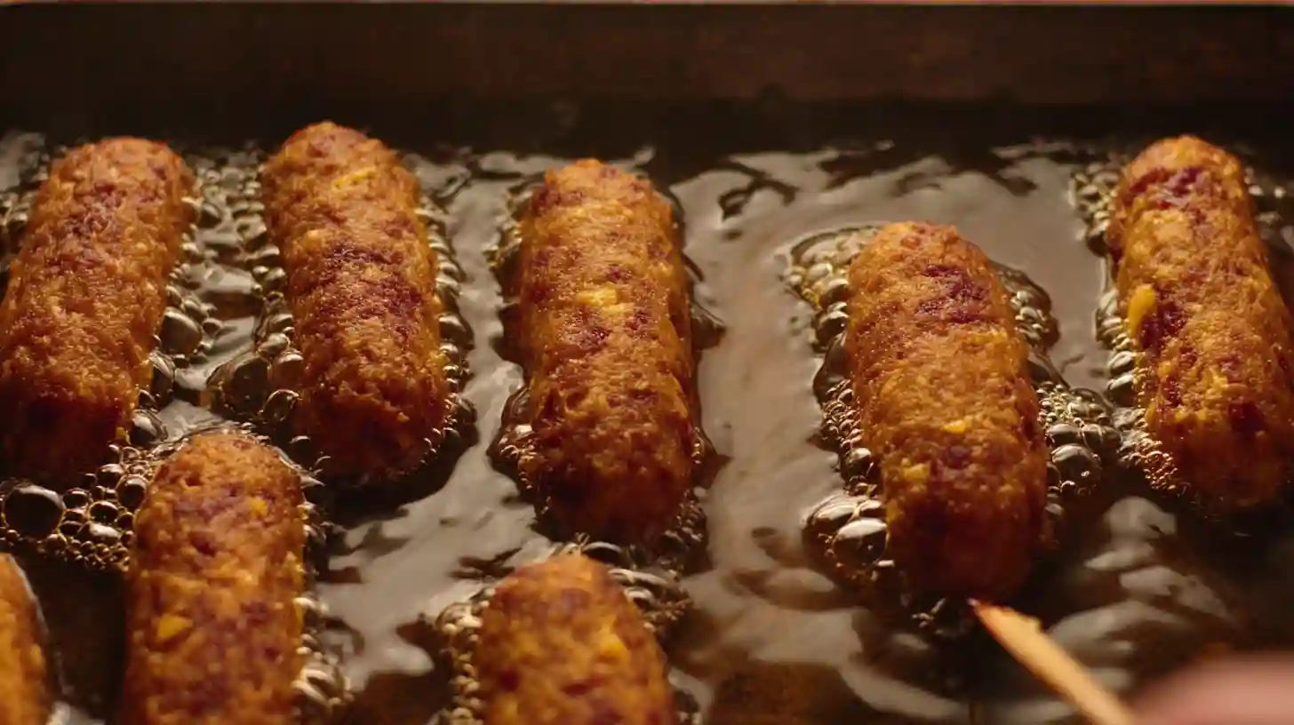 step5-fry-deep-fried-turkey-bacon-cheeseburger-corn-dogs Step 5 – Fry Deep-Fried Turkey Bacon Cheeseburger Corn Dogs in hot oil for 3–4 minutes until golden, the ultimate high-protein fried meal and easy comfort food.