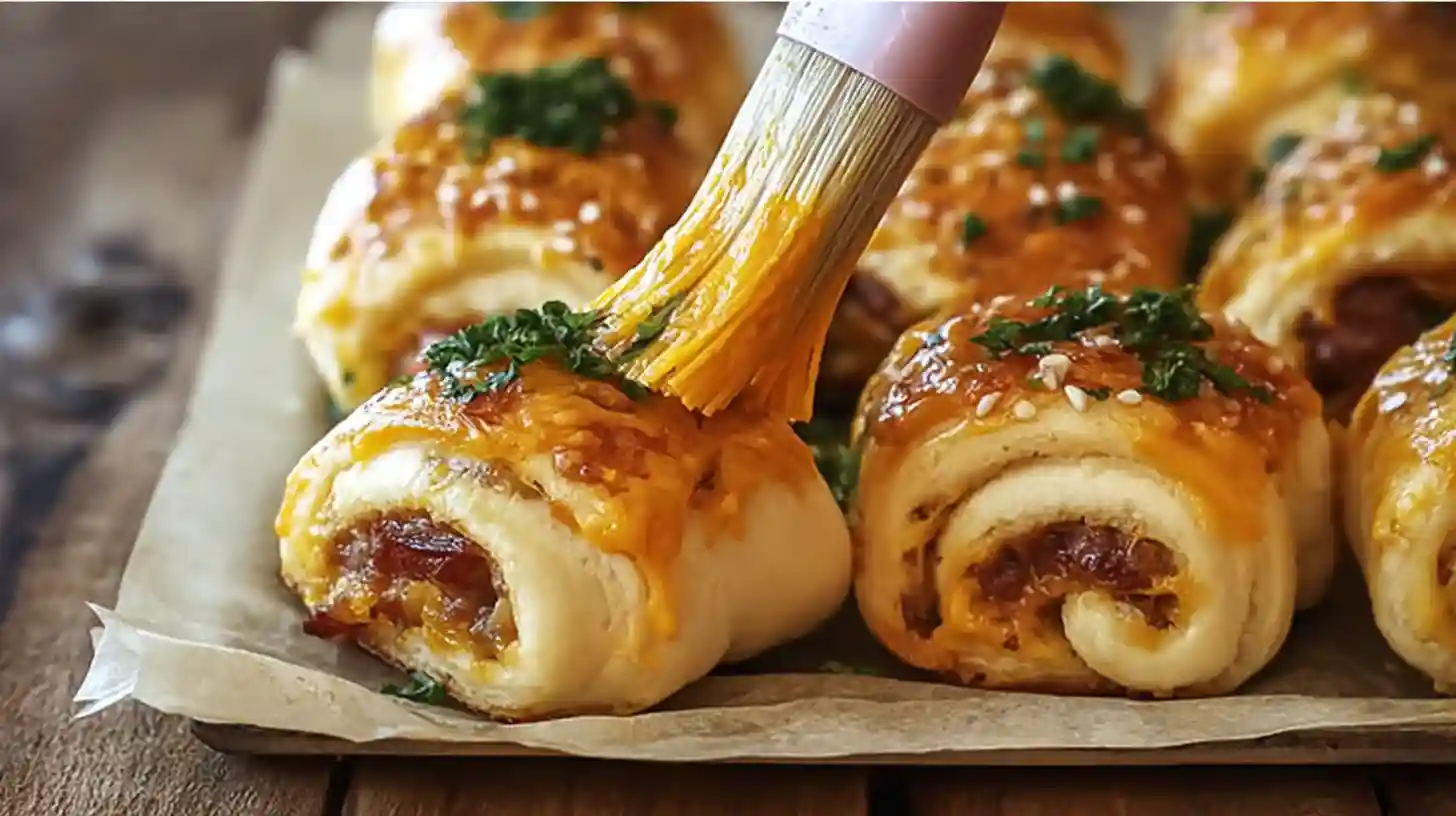 step5-garlic-butter-finish-cheeseburger-rollups Garlic butter brushed over hot Perfect Garlic Butter Cheeseburger Rollups, garlic butter appetizers for parties and easy stuffed bread for parties