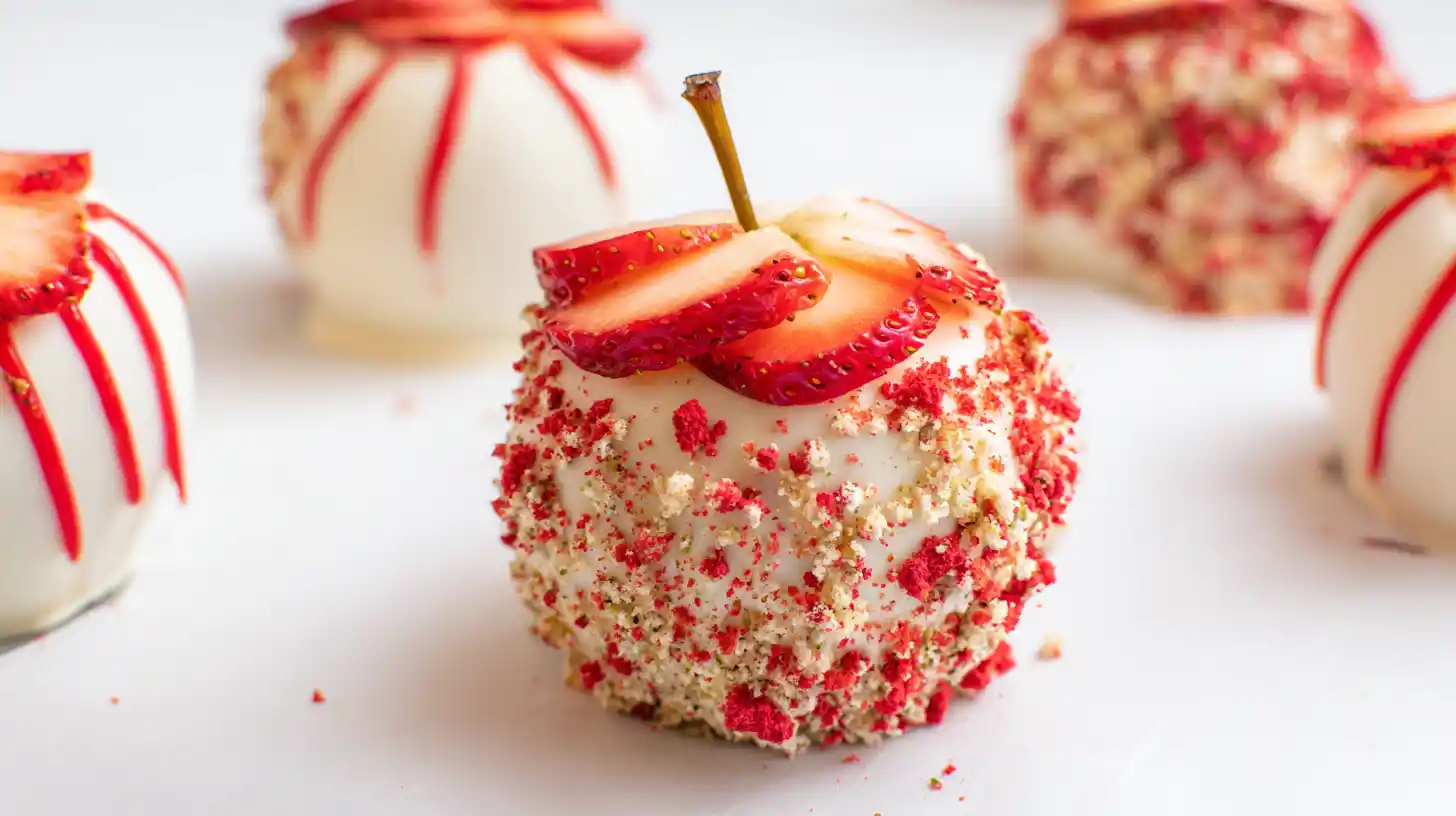 Strawberry shortcake caramel apple recipe – finished gourmet dipped apples topped with fresh strawberries, setting on parchment paper for seasonal fruit dessert recipes and homemade edible gifts.