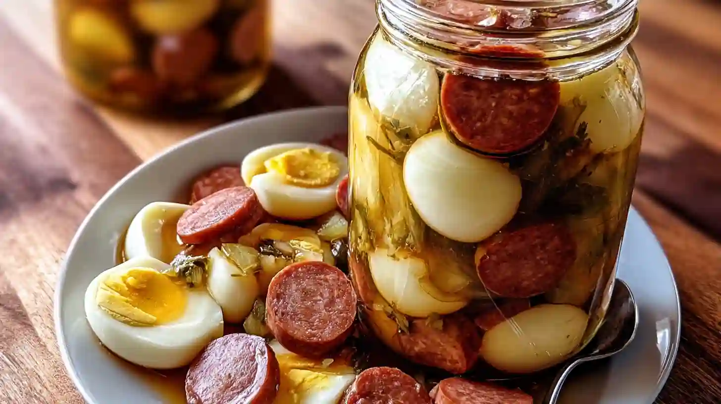 step5-quick-pickled-eggs-sausage-onions-serve-enjoy Step 5 Quick Pickled Eggs Sausage and Onions – serving high protein snack ideas straight from the jar or sliced on a plate.