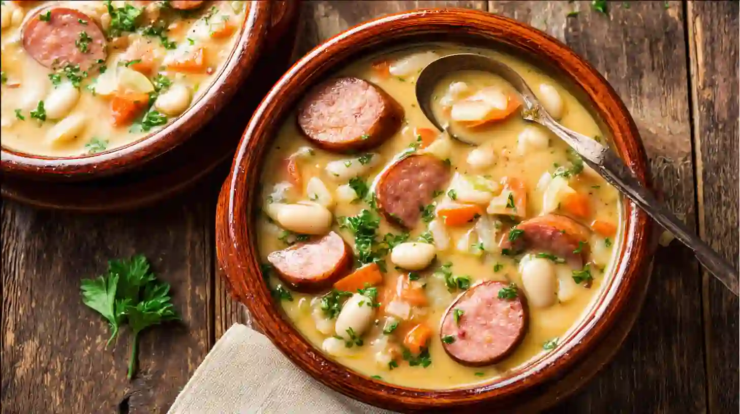 Step 5 serving creamy bean soup with kielbasa in bowls | freezer-friendly soup recipes | easy family dinner recipes