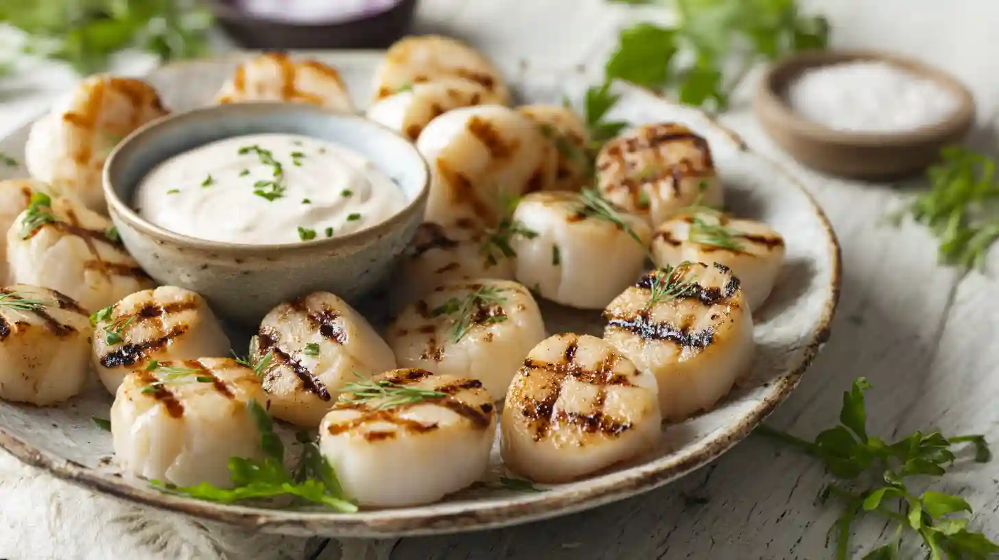 step5-serve-grilled-scallops-remoulade Grilled scallops with homemade rémoulade served hot – quick and healthy dinner recipes with scallops and fine dining seafood recipes