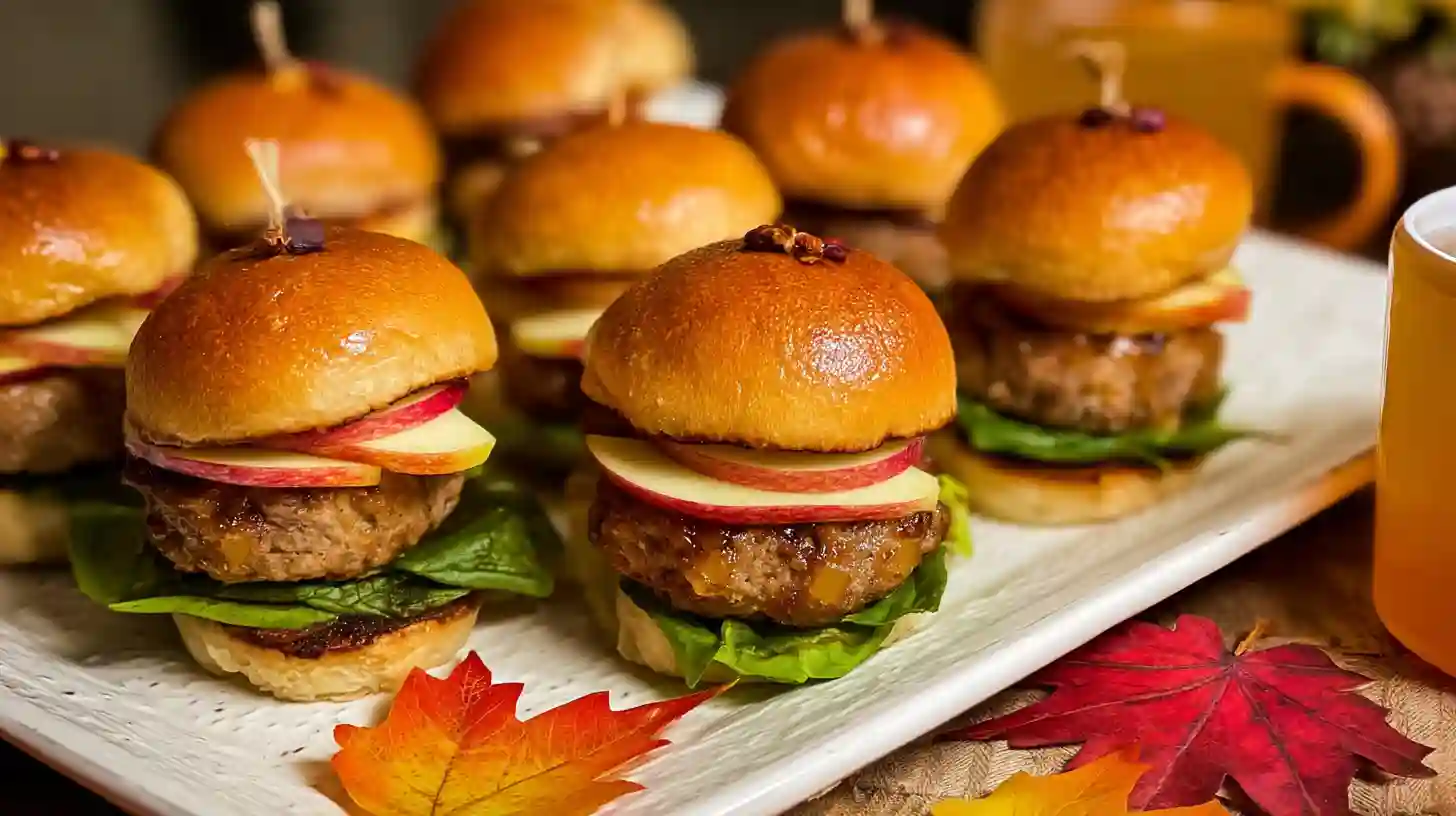 step5-serve-harvest-apple-cider-pork-sliders Serving Harvest Apple Cider Pork Burger Sliders with melted cheddar and crisp lettuce – perfect pork burger party ideas and easy dinner recipes for families.