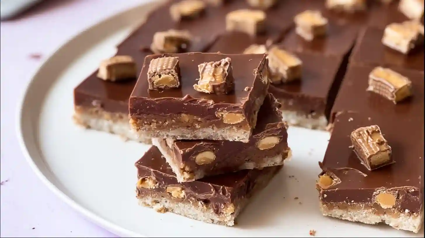 step5-serve-no-bake-twix-slice Serving chilled No Bake Twix Slice bars, best no bake Twix slice for families and homemade Twix slice recipe easy