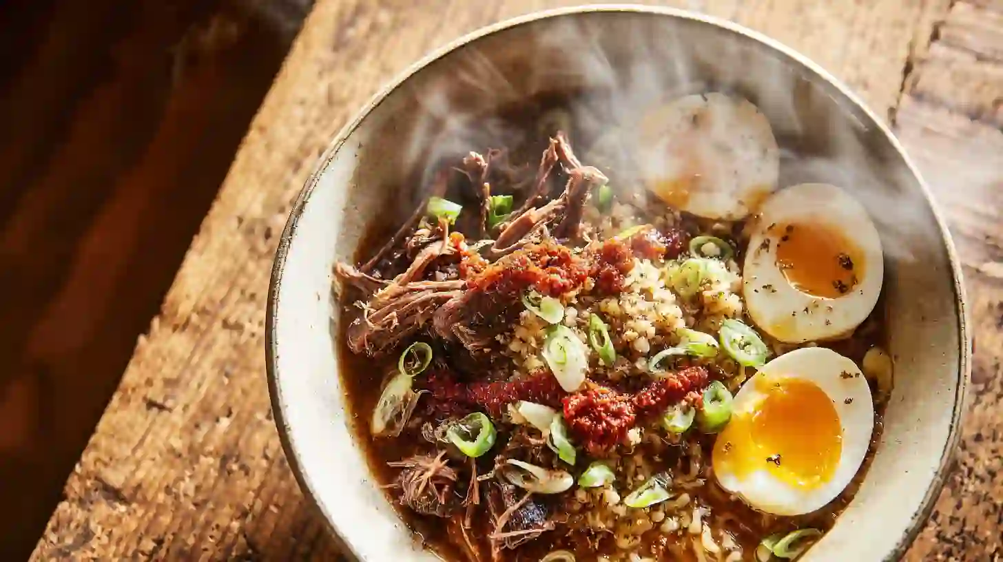 step5-serve-oxtail-ramen Serving Oxtail Ramen with shredded oxtail, egg, scallions, and furikake – premium Asian comfort food and best ramen recipes at home