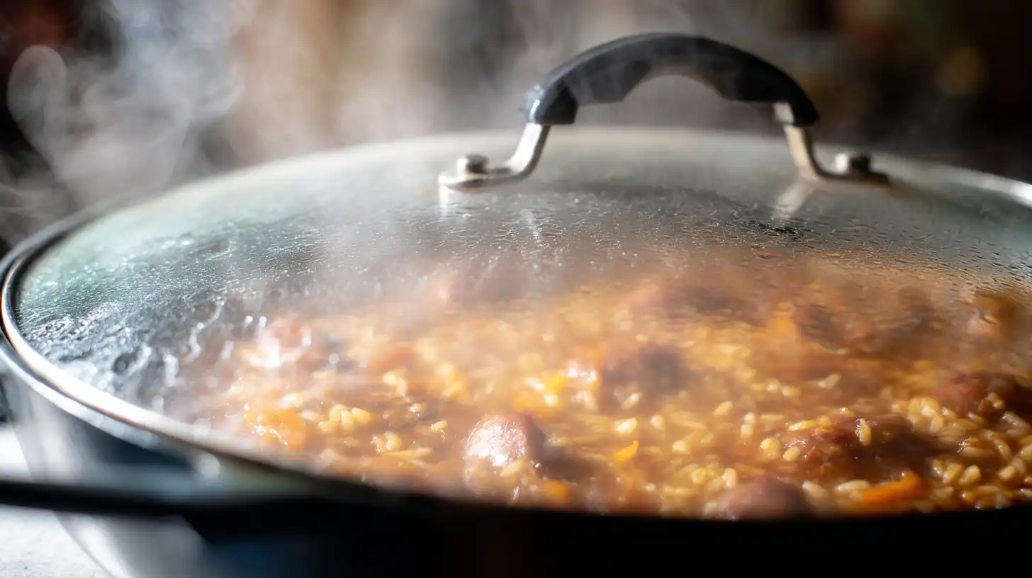 step5-simmer-bbq-sausage-rice Simmering sausage and rice in BBQ sauce – one pot sausage and rice recipe, best weeknight meals for busy moms, smoked sausage rice casserole.
