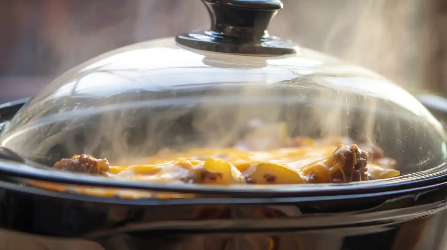 step5-slow-cook-cheesesteak-casserole Step 5 slow cooking beef, potatoes, and cheese in crockpot for Perfect Crockpot Cheesesteak Potato Casserole, quick prep slow cooker recipes and easy casserole recipes for families