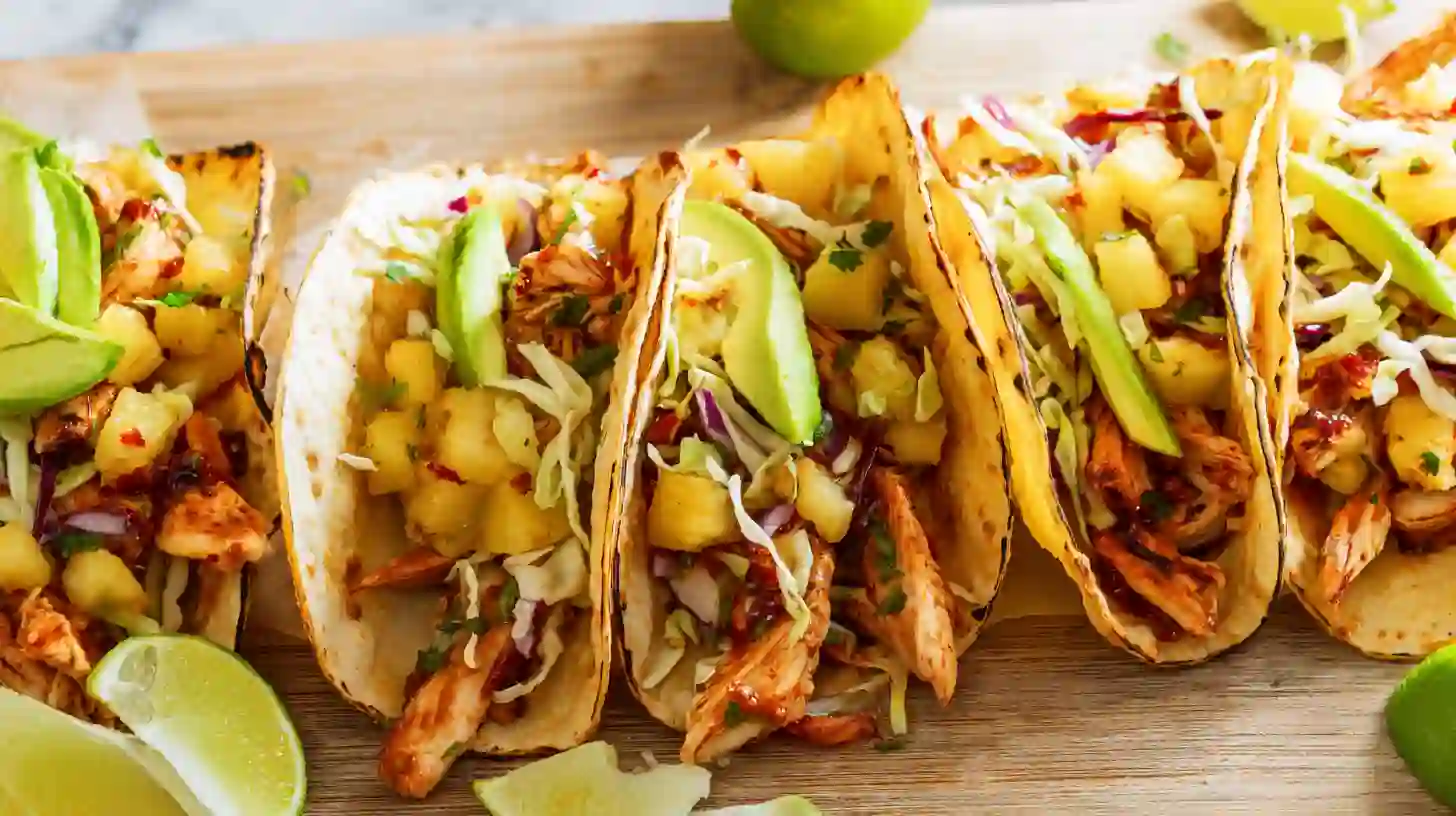 step6-assemble-serve-teriyaki-chicken-tacos Teriyaki Chicken Tacos with Grilled Pineapple Pear Salsa – healthy chicken taco recipes and quick family dinner ideas with tender teriyaki-marinated chicken strips.