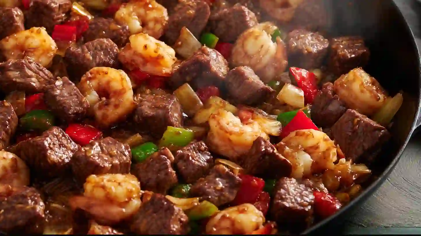 step6-bring-together-honey-garlic-steak-shrimp Steak, shrimp, and vegetables tossed in honey garlic sauce – easy steak and shrimp dinner ideas, shrimp and steak stir fry with rice