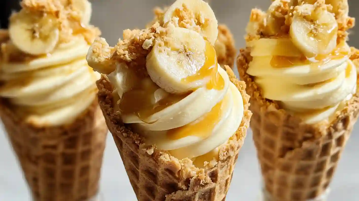 step6-chill-serve-banana-pudding-cheesecake-cones Chilling Easy Banana Pudding Cheesecake Cones Recipe in fridge before serving, no bake banana desserts and quick cheesecake desserts for parties