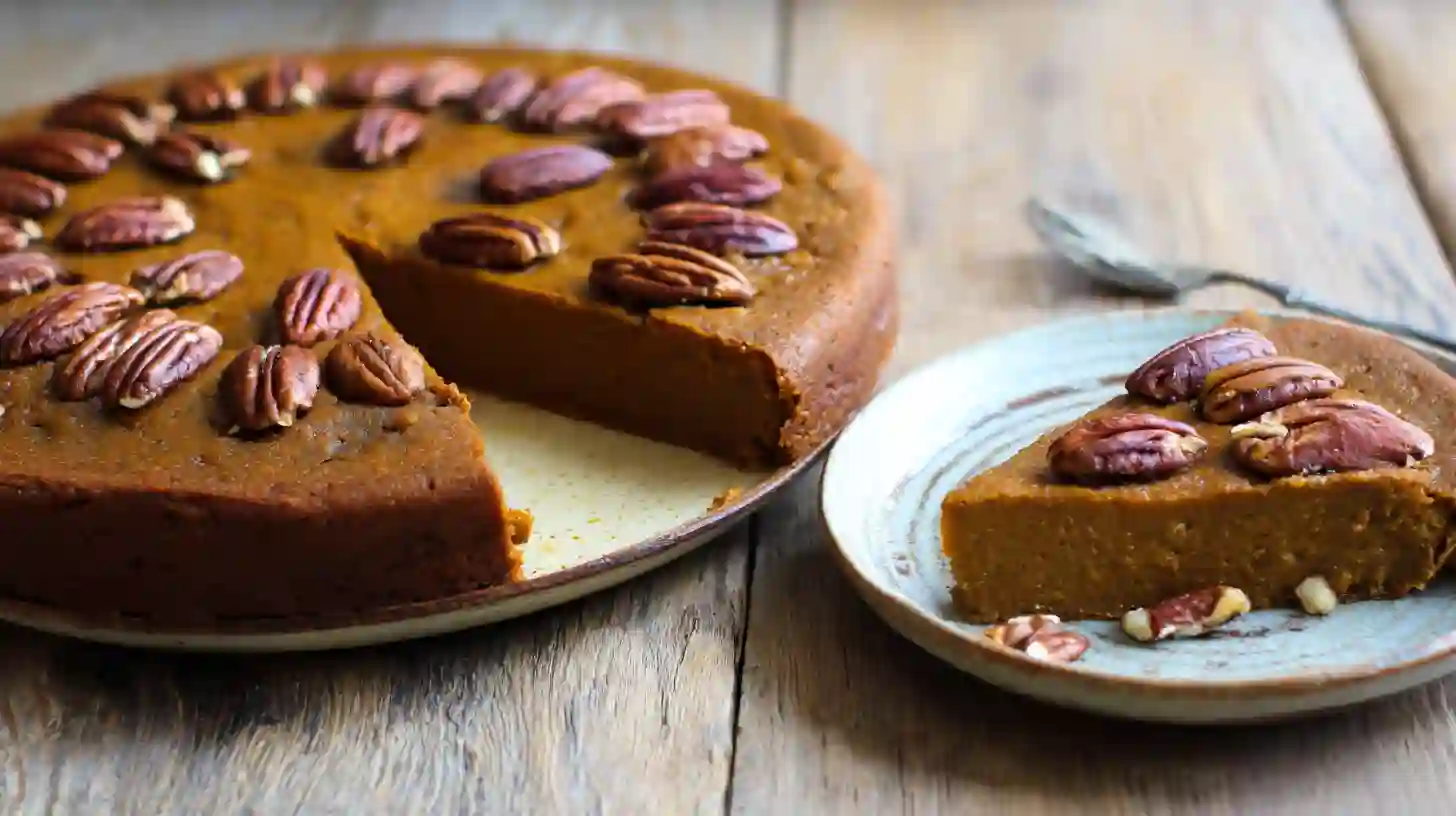 step6-cool-serve-flourless-maple-pecan-pumpkin-yogurt-cake Cooled and sliced Flourless Maple Pecan Pumpkin Yogurt Cake with pecans, healthy pumpkin dessert recipes and easy flourless cake recipe