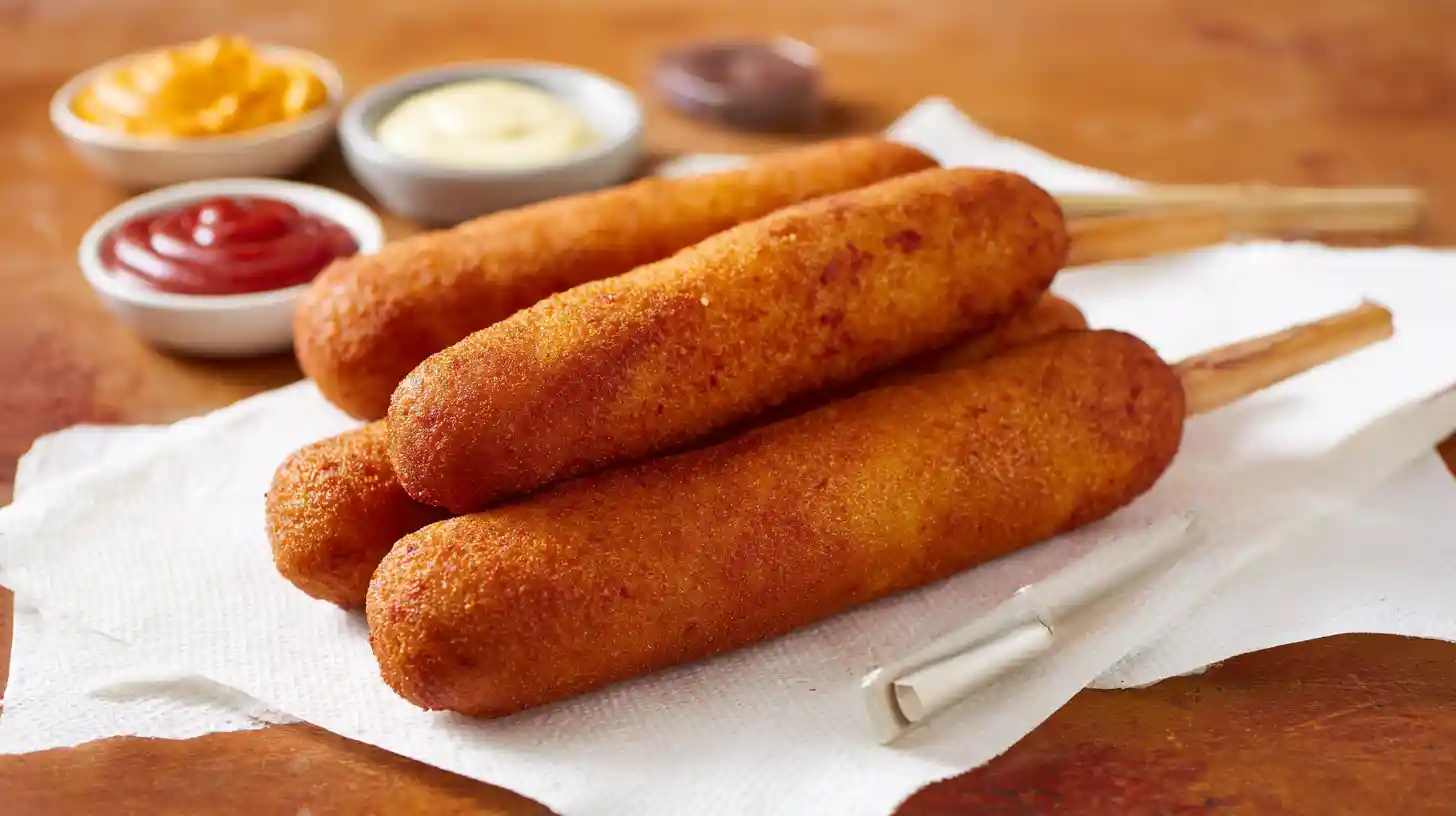 step6-drain-serve-deep-fried-turkey-bacon-cheeseburger-corn-dogs Step 6 – Deep-Fried Turkey Bacon Cheeseburger Corn Dogs drained on paper towels and served hot with dipping sauces, the ultimate high-protein fried comfort food.