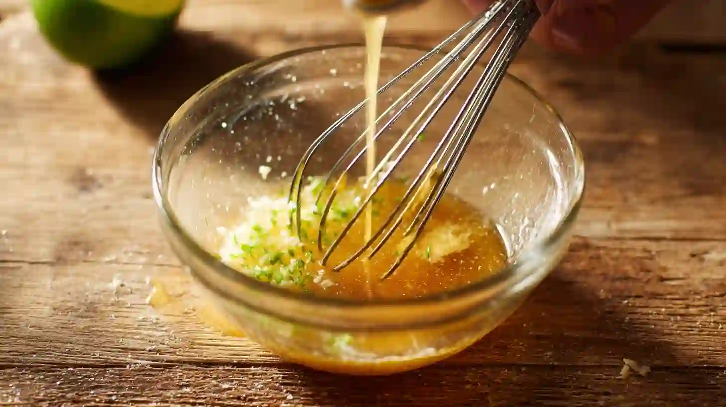 step6-make-lime-honey-glaze-jalapeno-cornbread Whisking honey, lime zest, and butter for Spicy-Sweet Jalapeño Cornbread glaze, easy savory baking recipes and healthy cornbread recipe with buttermilk