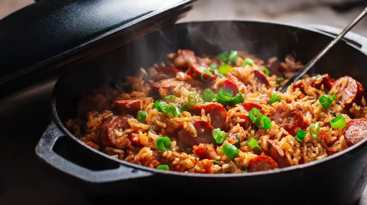 step6-rest-garnish-bbq-sausage-rice Fluffed BBQ sausage rice with green onions – one pot sausage and rice, quick and easy BBQ dinner recipes, family-friendly rice recipes.