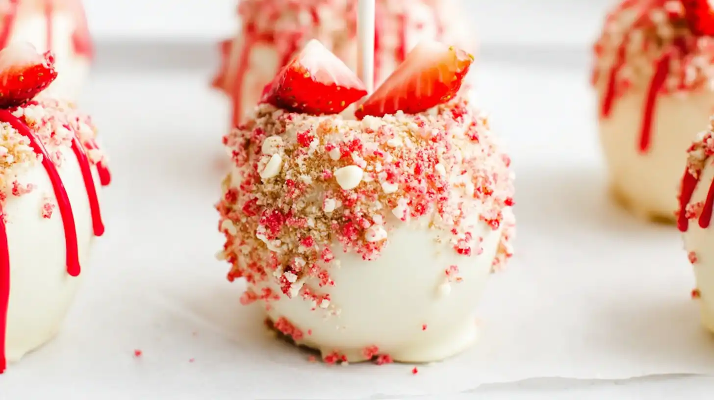 Strawberry shortcake caramel apple recipe – gourmet dipped apples served fresh with strawberry topping, best for seasonal fruit dessert recipes and homemade edible gifts.