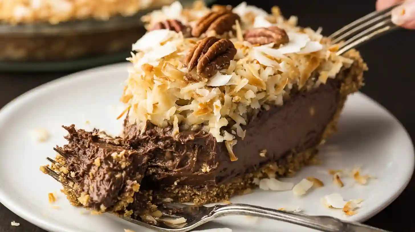 step6-serve-no-bake-german-chocolate-pie Serving no-bake German chocolate pie perfect dessert topped with shaved white chocolate and pecans, quick chocolate pie recipe and family-friendly no bake desserts