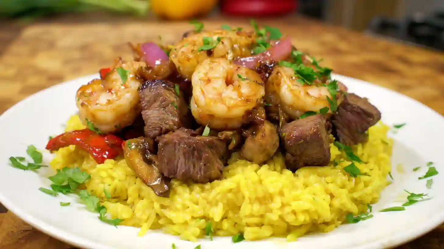step7-serve-honey-garlic-steak-shrimp-rice Honey Garlic Steak and Shrimp over Yellow Rice – healthy shrimp and rice recipes, quick and cheap meals for two