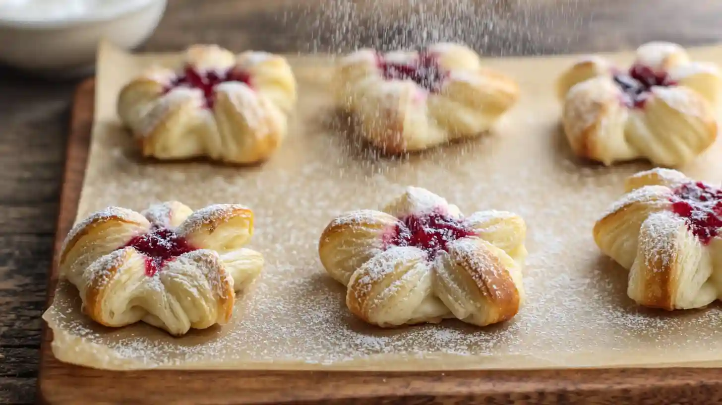 Step 8 garnish and serve puff pastry blossoms with powdered sugar – festive Christmas appetizers and easy desserts with puff pastry