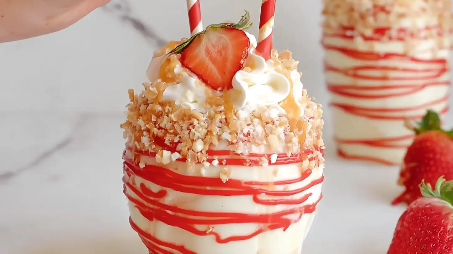 Strawberry shortcake caramel apple recipe with white chocolate, red drizzle, Oreo crumbs, and fresh strawberry slices.