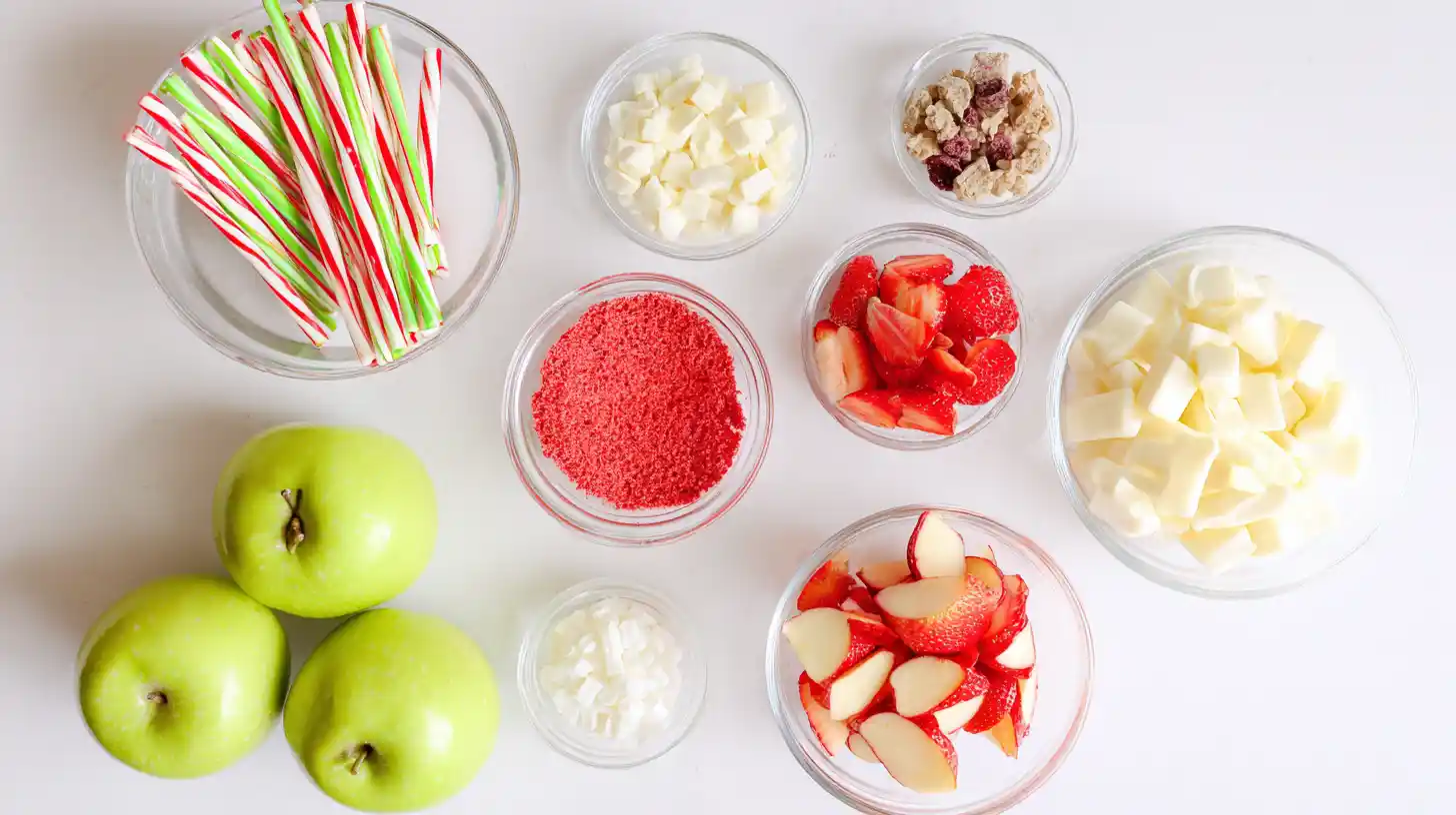 Strawberry shortcake caramel apple recipe ingredients – Granny Smith apples, white chocolate wafers, strawberry candy melts, Oreo crumbs, freeze-dried strawberries, and fresh strawberry slices.