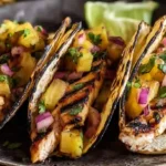 Teriyaki Chicken Tacos with Grilled Pineapple Pear Salsa – quick family dinner ideas, healthy chicken taco recipes.