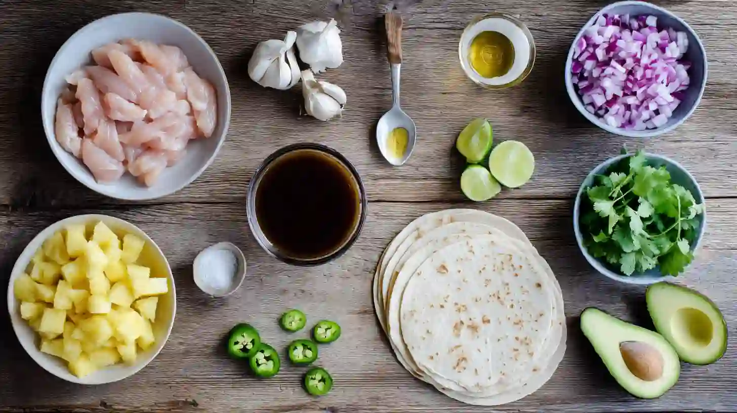 teriyaki-chicken-tacos-with-grilled-pineapple-pear-salsa-ingredient-Image Fresh ingredients for Teriyaki Chicken Tacos with Grilled Pineapple Pear Salsa – easy dinner recipes for families and healthy chicken taco ideas.