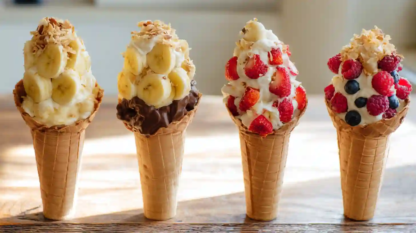 variations-banana-pudding-cheesecake-cones Delicious variations of Easy Banana Pudding Cheesecake Cones Recipe including classic, chocolate-banana, tropical, and berry-banana, easy summer dessert recipes no bake and quick summer dessert with cream cheese