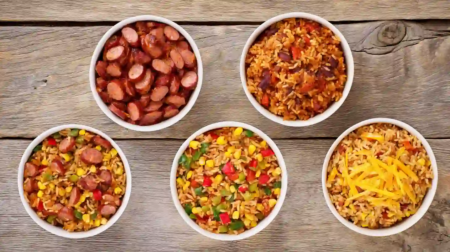 variations-bbq-sausage-rice BBQ sausage rice variations – barbecue sausage skillet meal, cheap dinner ideas for families, one pot sausage and rice recipe.