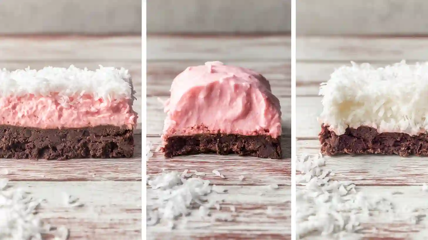 variations-easy-pink-coconut-snowball-cake-bars Three variations of Easy Pink Coconut Snowball Cake Bars including brownie hack, Hostess SnoBall copycat, and healthier modern version, homemade cake bar recipes and best easy dessert bars