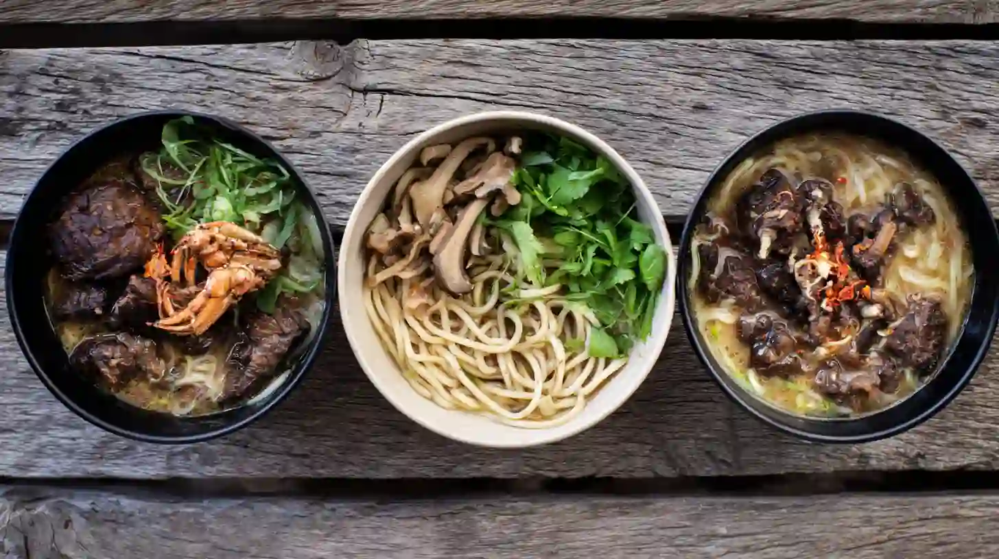 variations-oxtail-ramen Three variations of Oxtail Ramen: gourmet with crab and mushrooms, healthy with whole wheat noodles, and budget-friendly broth – easy gourmet dinner recipes and premium Asian comfort food