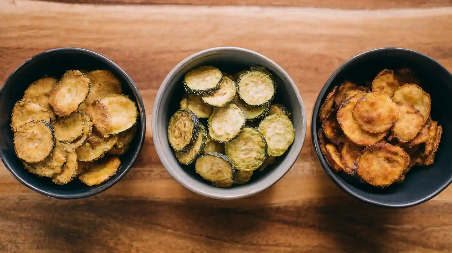zucchini-chips-variations-baked-airfryer-fried Baked zucchini chips, air fryer zucchini chips, and fried zucchini chips side by side, air fryer recipes for beginners and healthy party snacks ideas