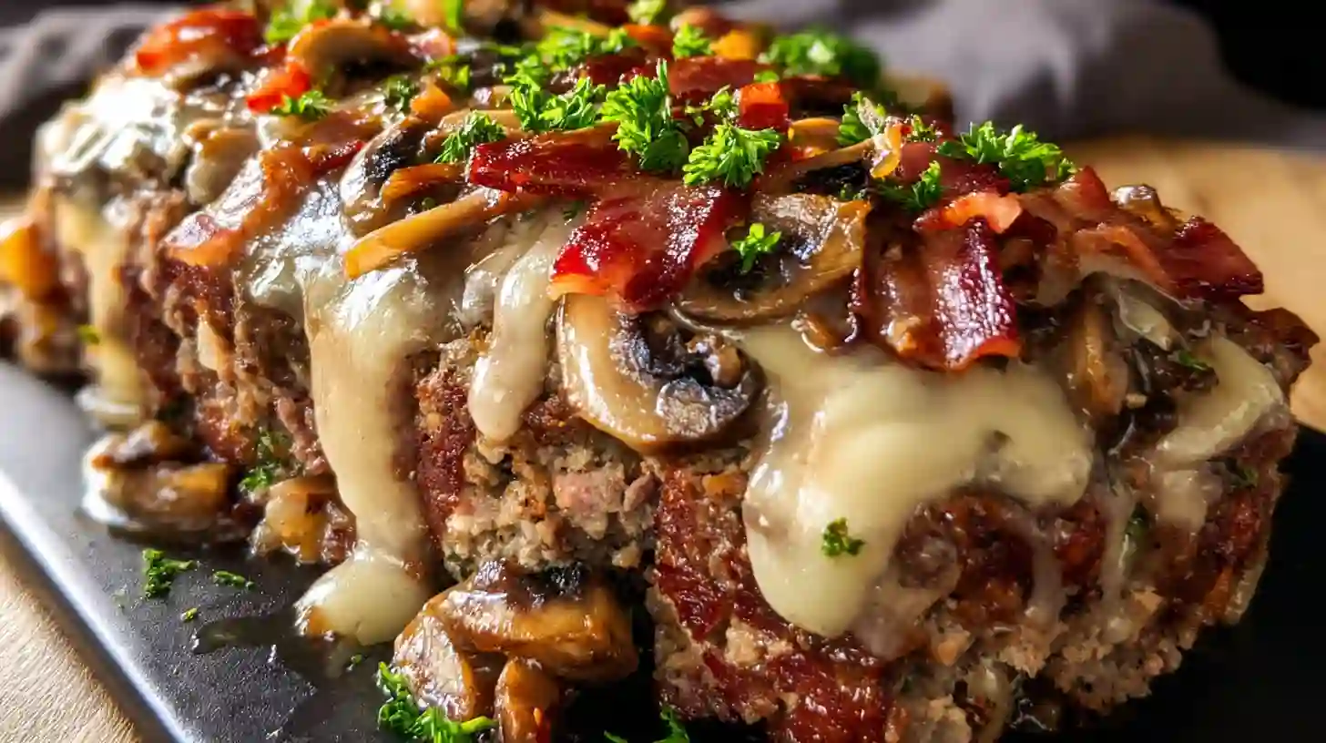 Close-up of a double bacon Swiss mushroom melt meatloaf topped with crispy bacon, sautéed mushrooms, melted Swiss cheese, and fresh parsley.
