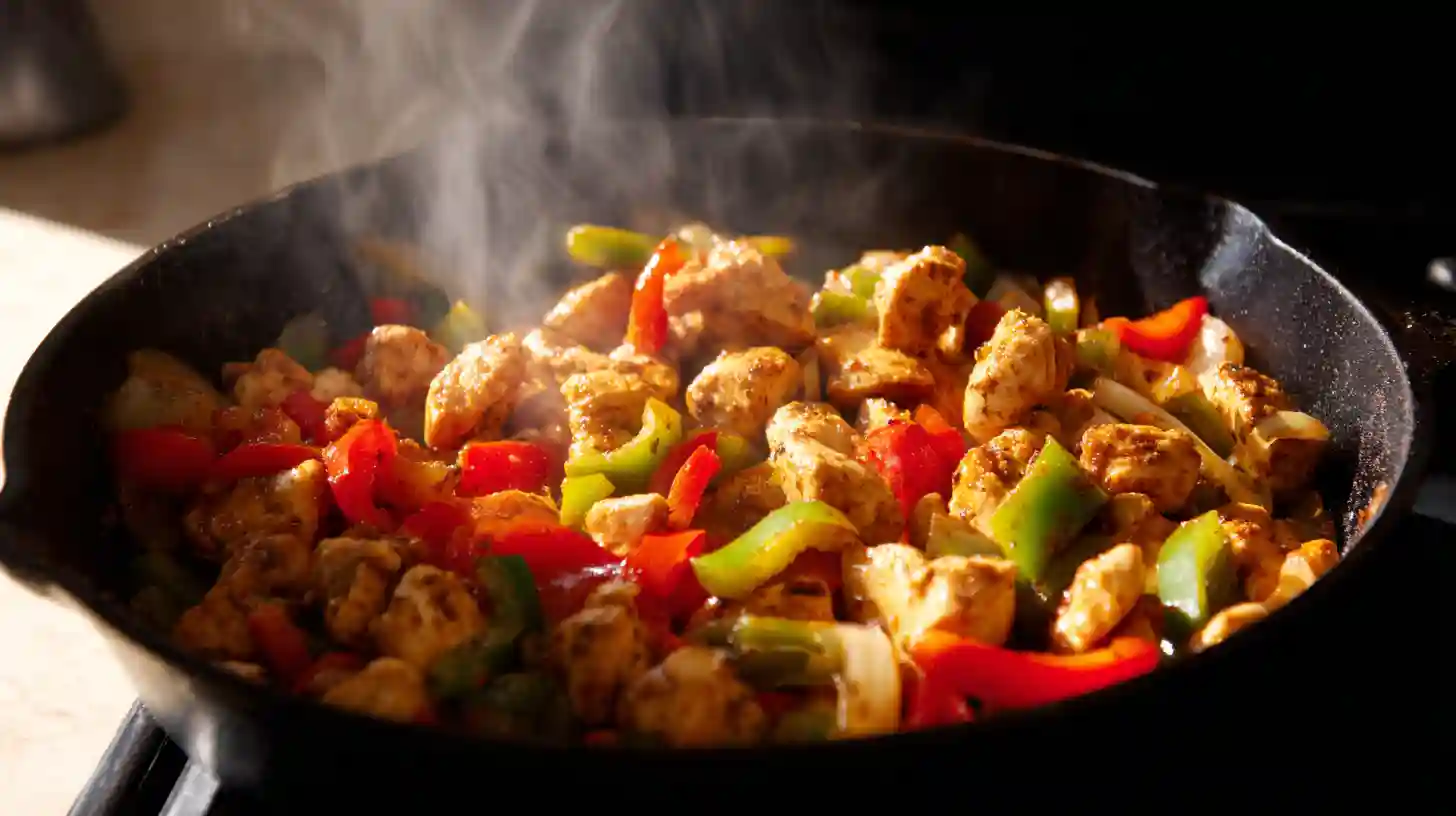 Golden diced chicken sizzling with fajita seasoning, onions, and bell peppers for Queso Chicken Fajita Skillet – flavorful one-pan Tex-Mex dinner recipe.