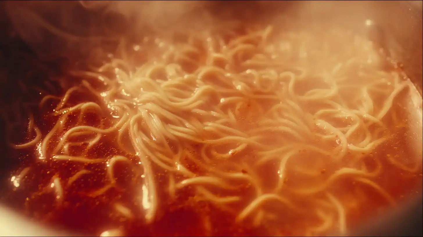 Ramen noodles cooking in spicy homemade ramen broth for Atomic Spicy Chicken Wing Ramen Bowl easy family dinner recipe