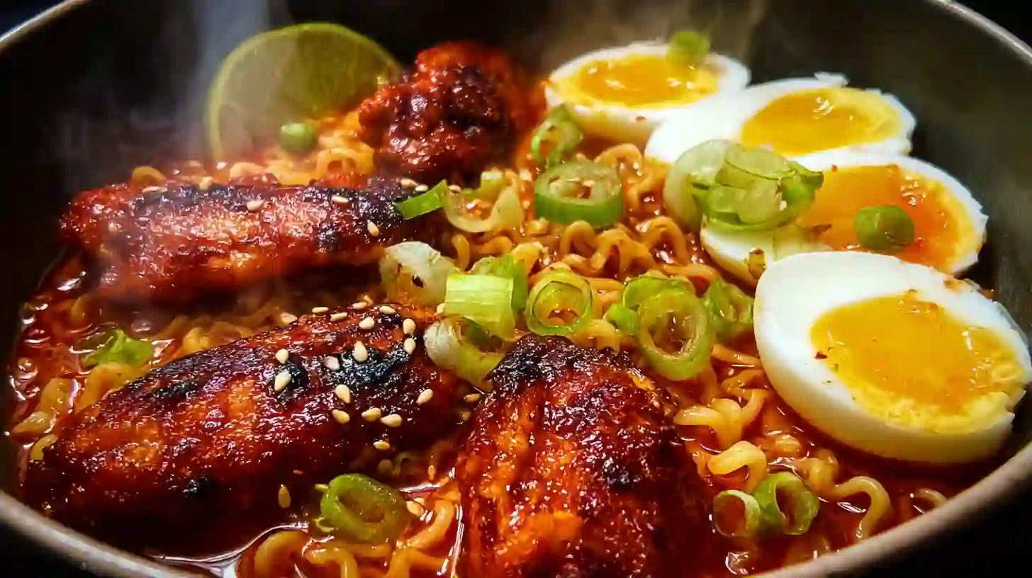 Atomic Spicy Chicken Wing Ramen Bowl topped with crispy wings, green onions, eggs, and lime — homemade ramen recipe for easy family dinners