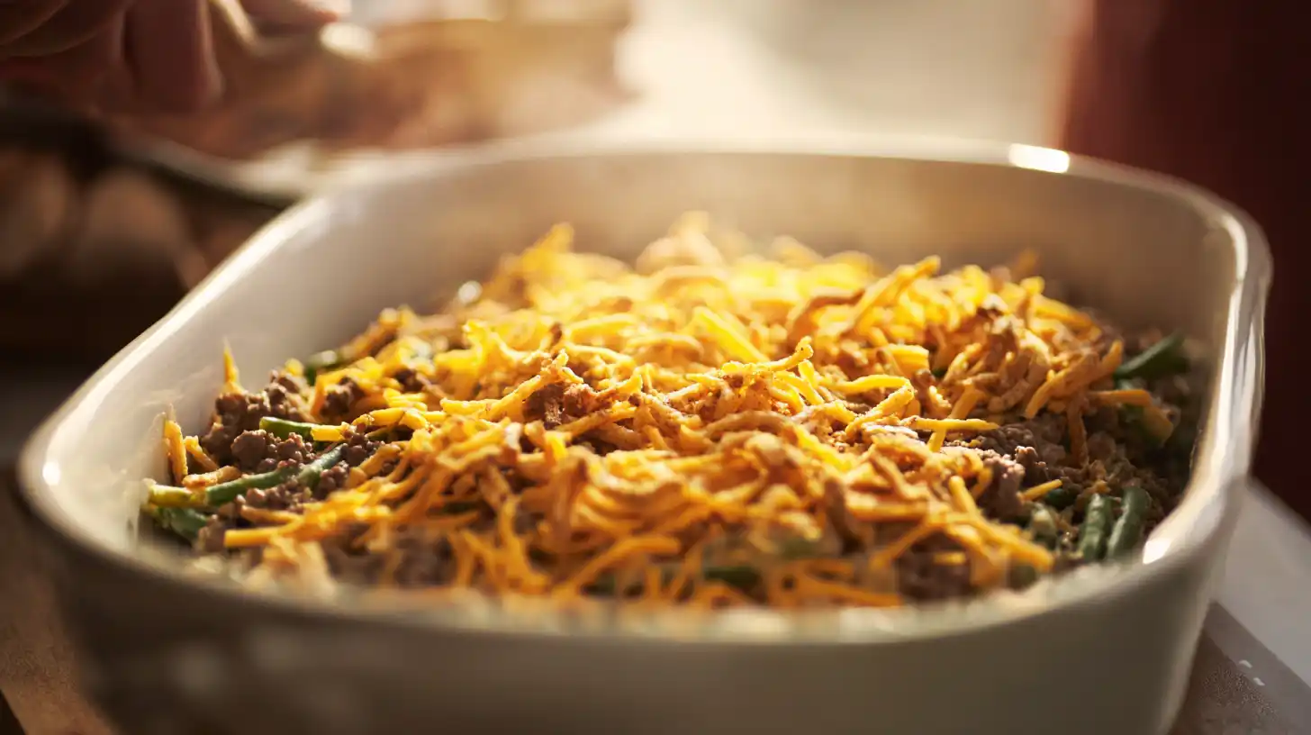 assemble-hamburger-green-bean-casserole-step3 Assemble the hamburger green bean casserole by topping the creamy ground beef and green bean mix with cheddar cheese and crispy onions — an easy family comfort casserole and hearty ground beef dinner recipe.