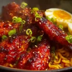Atomic Spicy Chicken Wing Ramen Bowl with crispy honey-hot wings, rich homemade ramen broth, and spicy comfort food flavor