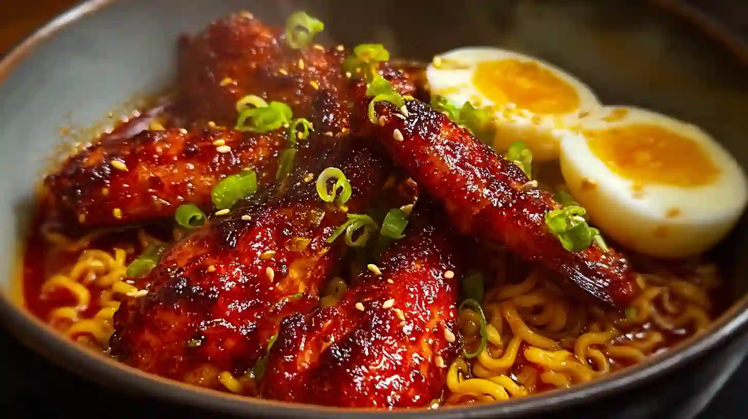 Atomic Spicy Chicken Wing Ramen Bowl with crispy honey-hot wings, rich homemade ramen broth, and spicy comfort food flavor
