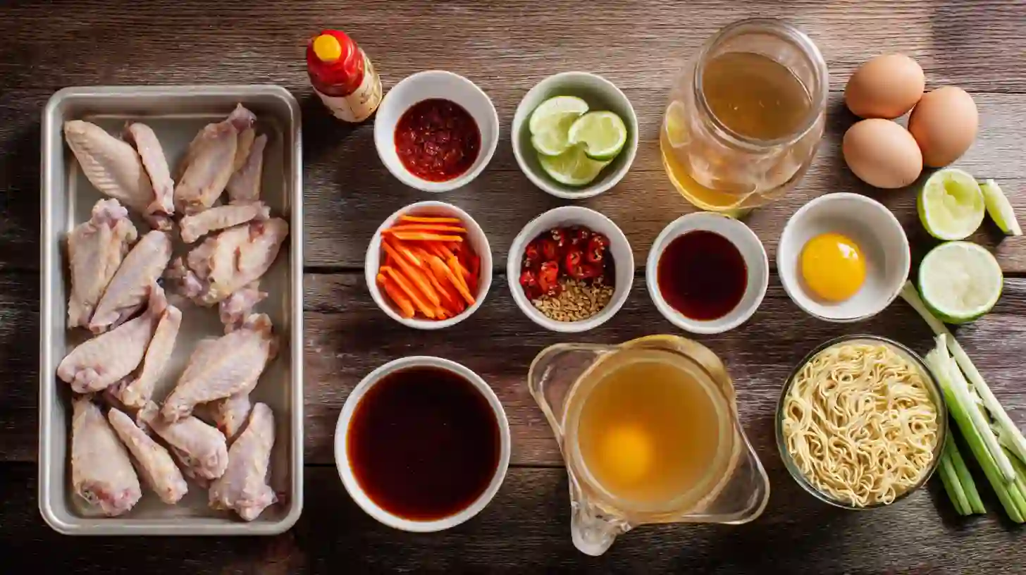 Ingredients for Atomic Spicy Chicken Wing Ramen Bowl with hot sauce, honey, soy sauce, noodles, and rich homemade ramen broth