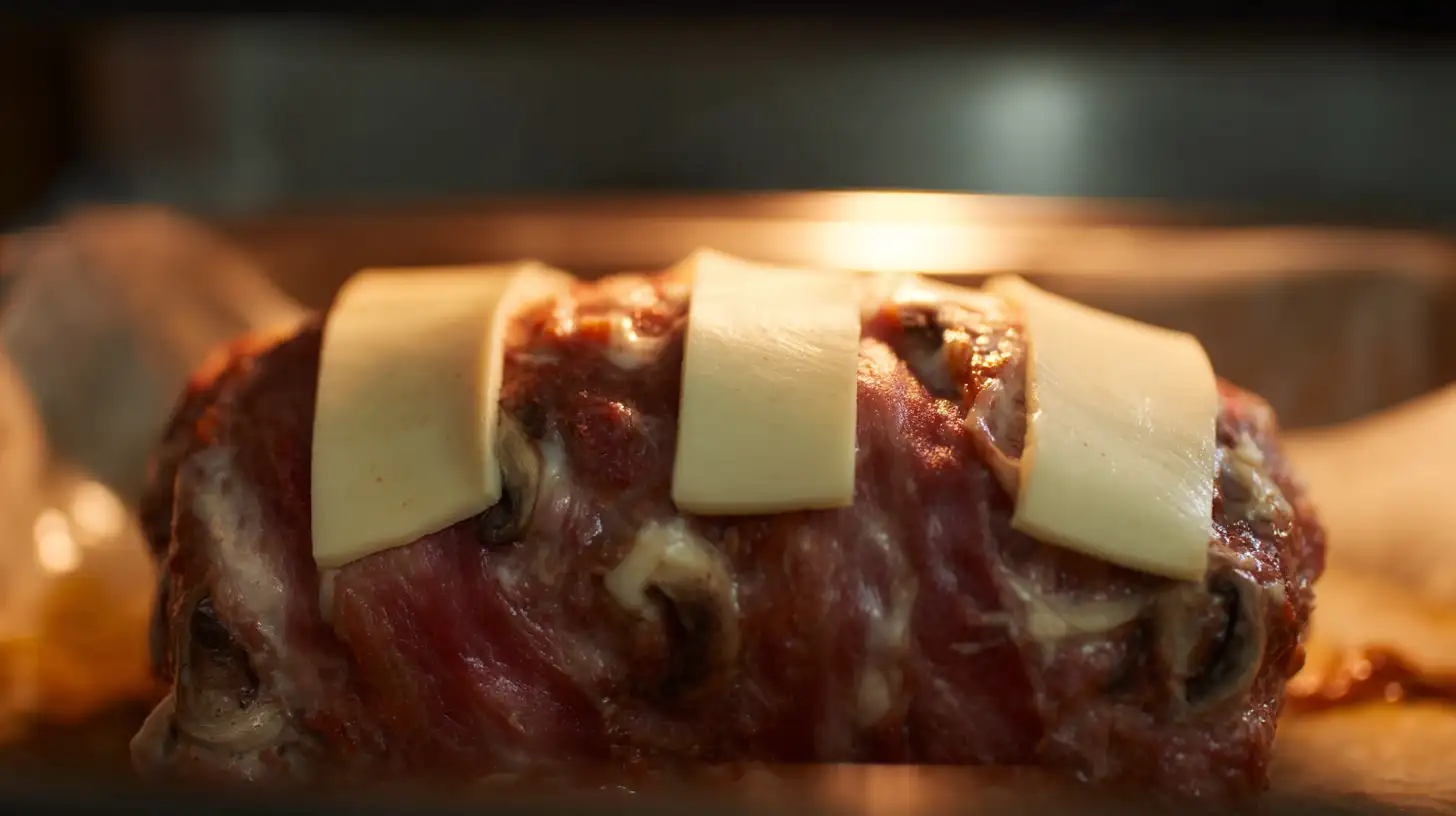 Step 4 – Bake bacon Swiss mushroom meatloaf until golden brown. High-protein beef dinner recipe with melty Swiss cheese topping. Perfect quick family dinner idea.