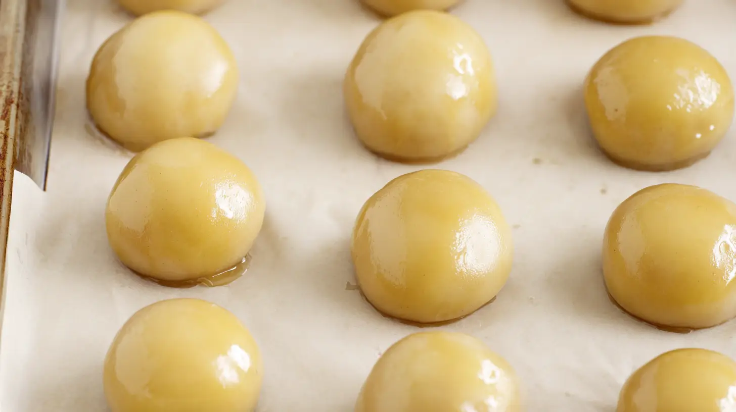bake-apple-caramel-bombs-easy-fall-dessert baking apple caramel bombs made with biscuit dough brushed with melted butter for easy fall dessert recipe