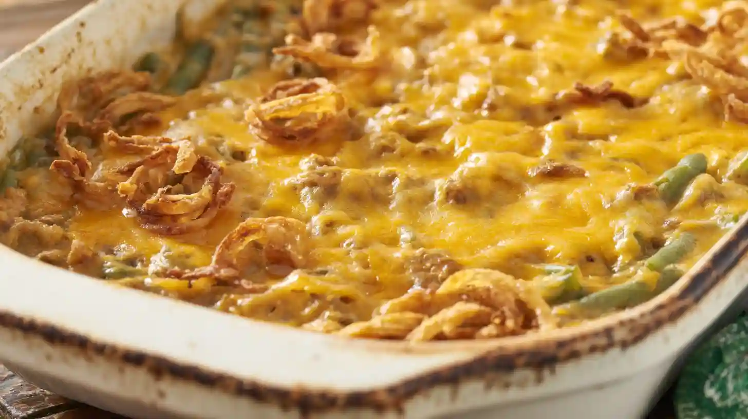 baked-hamburger-green-bean-casserole-step4 Baked Hamburger Green Bean Casserole golden and bubbly with melted cheddar and crispy onions — hearty ground beef meal and easy comfort food casserole recipe for family dinners.